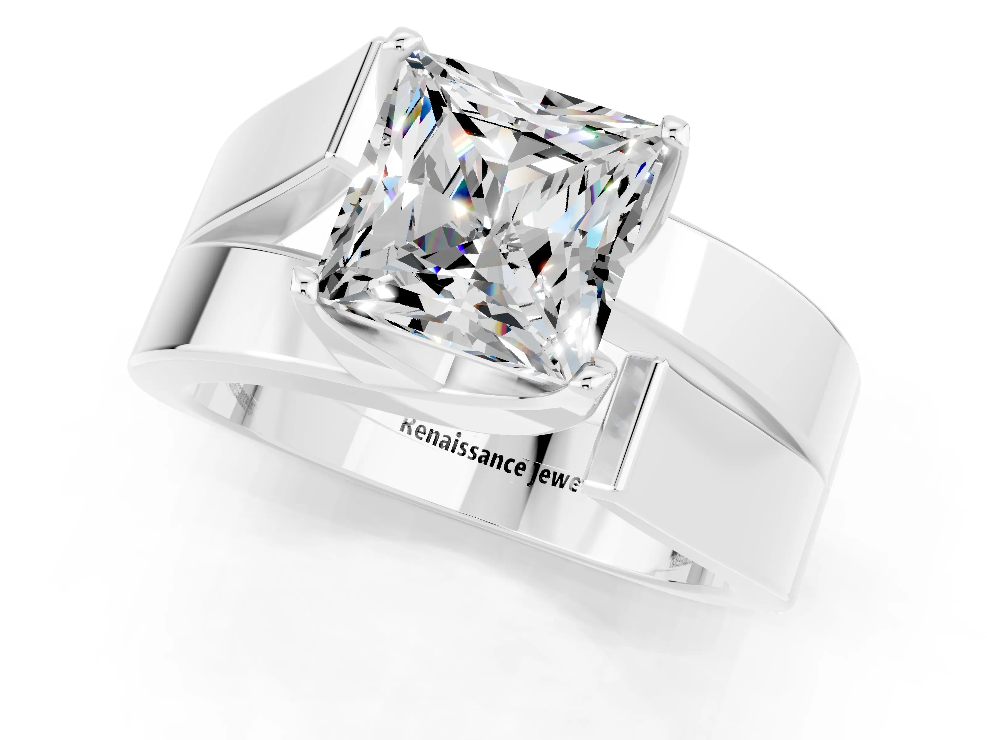 White gold Modern Tension Set Princess Cut Moissanite Solitaire Wide Band Ring_1