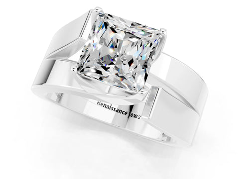 White gold Modern Tension Set Princess Cut Moissanite Solitaire Wide Band Ring_1