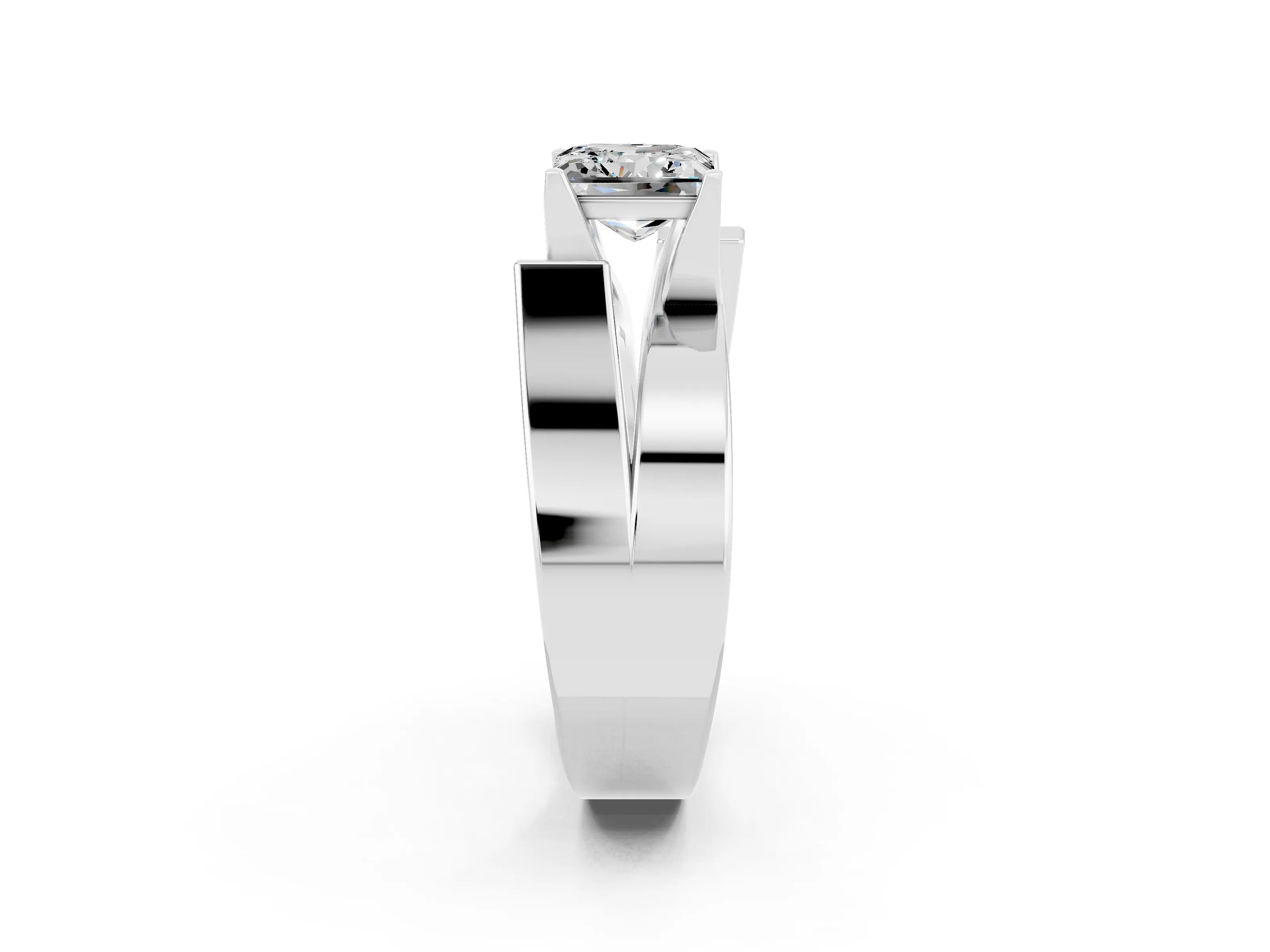 White gold Modern Tension Set Princess Cut Moissanite Solitaire Wide Band Ring_2