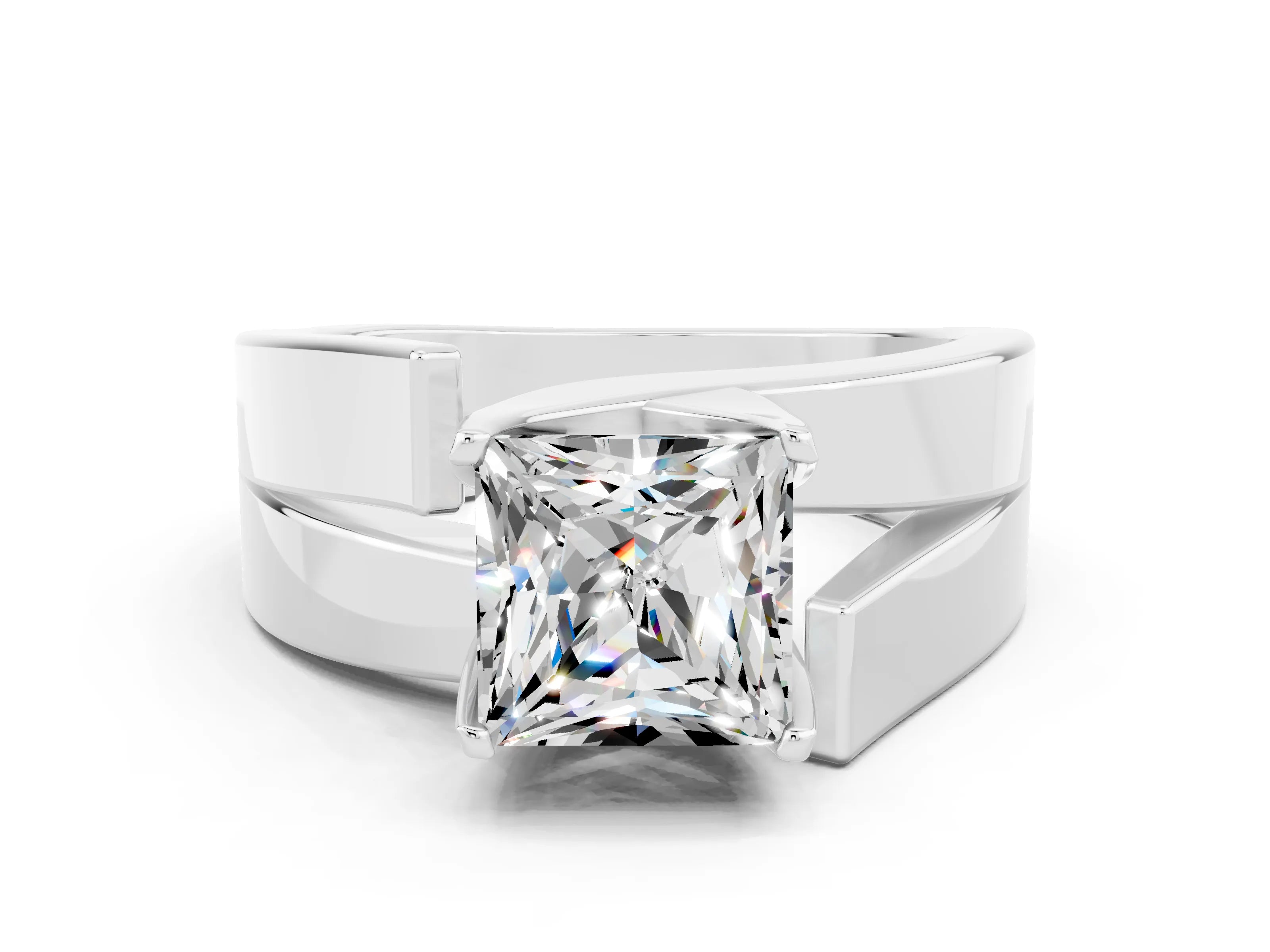 White gold Modern Tension Set Princess Cut Moissanite Solitaire Wide Band Ring