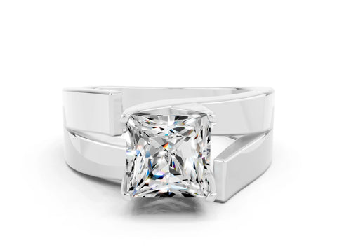 White gold Modern Tension Set Princess Cut Moissanite Solitaire Wide Band Ring