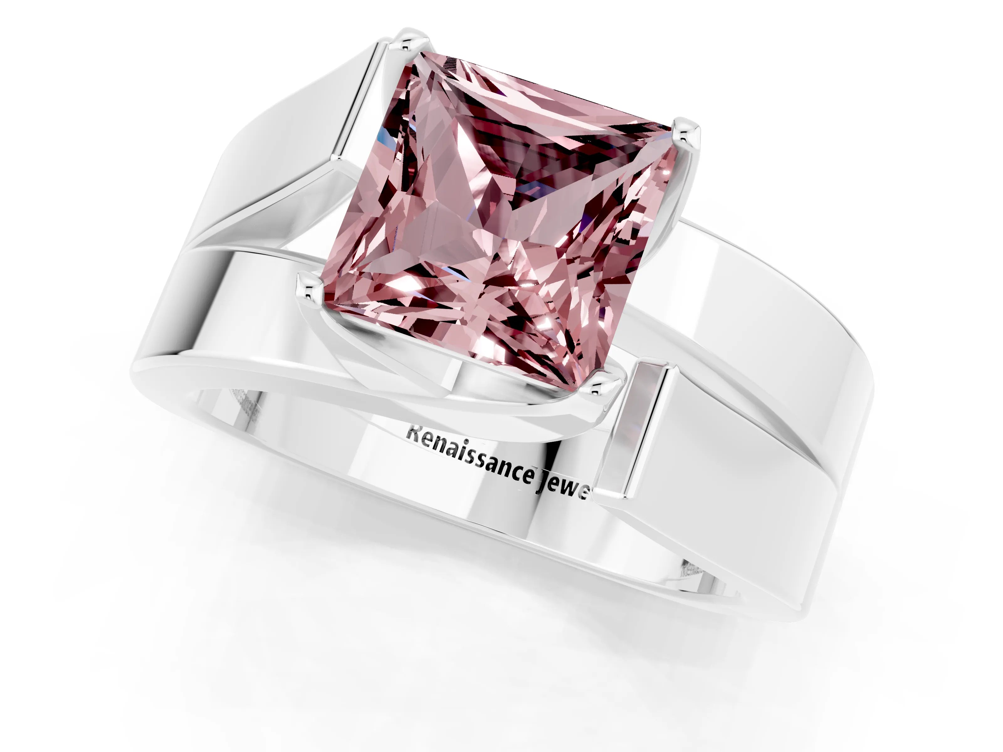 White gold Modern Tension Set Princess Cut Morganite Solitaire Wide Band Ring_1