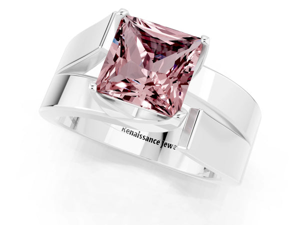 White gold Modern Tension Set Princess Cut Morganite Solitaire Wide Band Ring