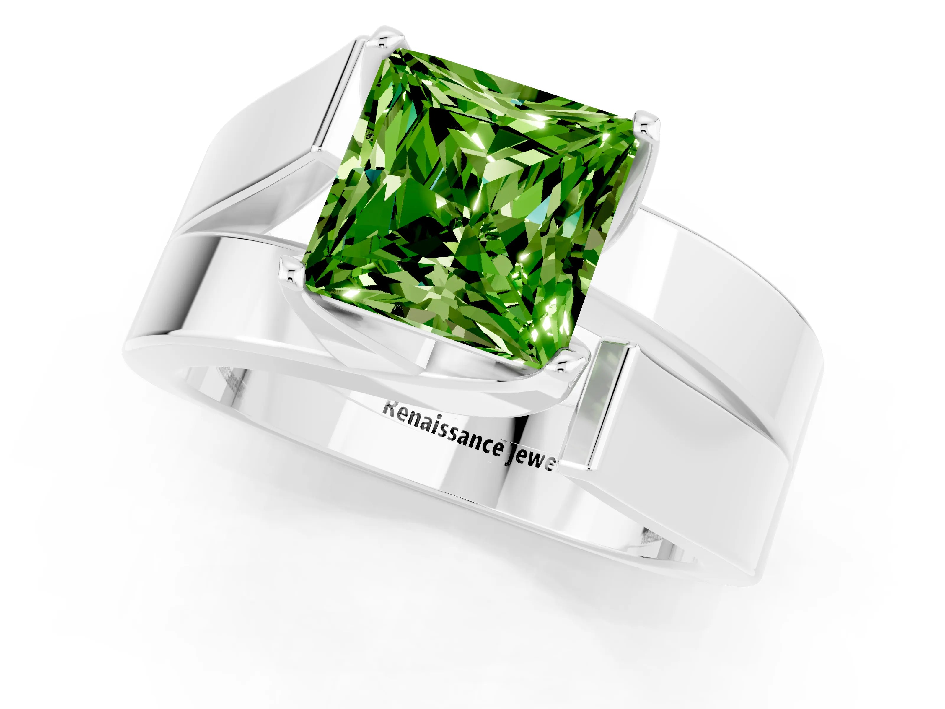White gold Modern Tension Set Princess Cut Peridot Solitaire Wide Band Ring_1