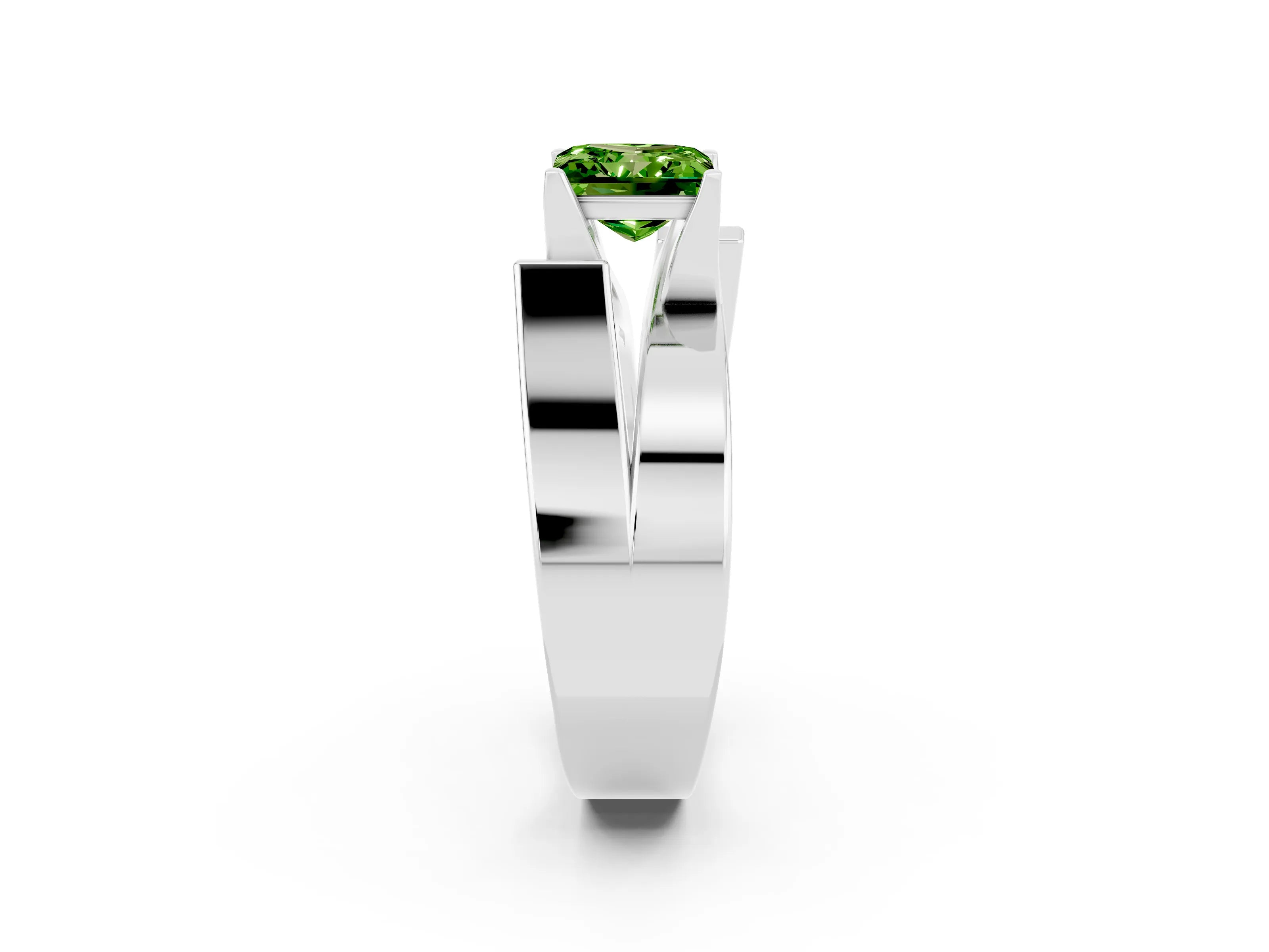 White gold Modern Tension Set Princess Cut Peridot Solitaire Wide Band Ring_2