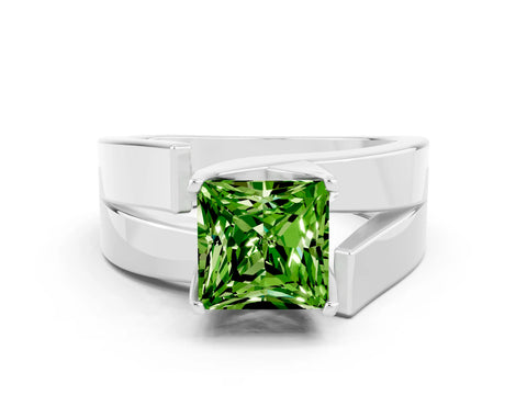 White gold Modern Tension Set Princess Cut Peridot Solitaire Wide Band Ring