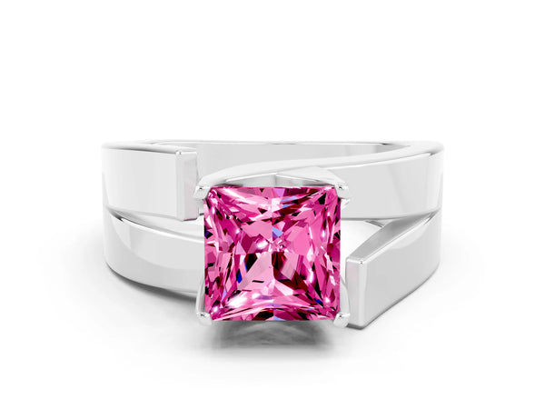 Silver Modern Tension Set Princess Cut Pink Sapphire Solitaire Wide Band Ring