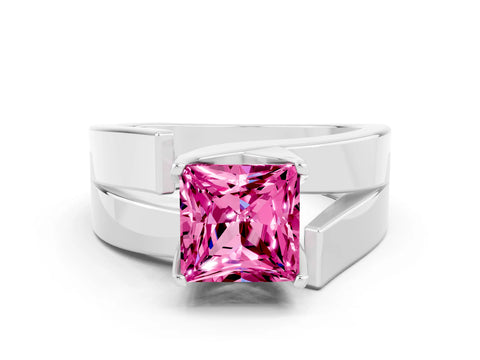 White gold Modern Tension Set Princess Cut Pink Sapphire Solitaire Wide Band Ring_12