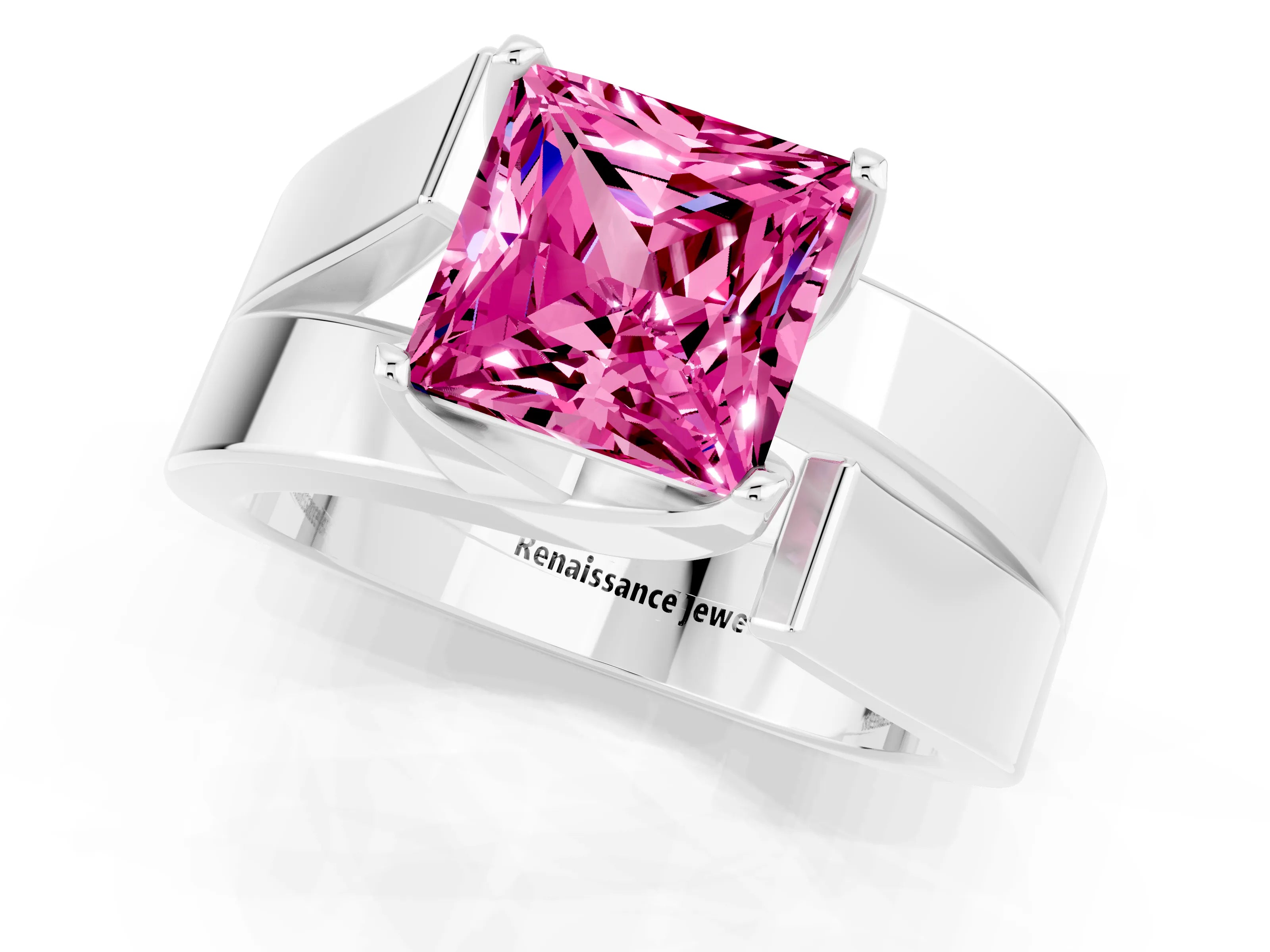 White gold Modern Tension Set Princess Cut Pink Sapphire Solitaire Wide Band Ring_13