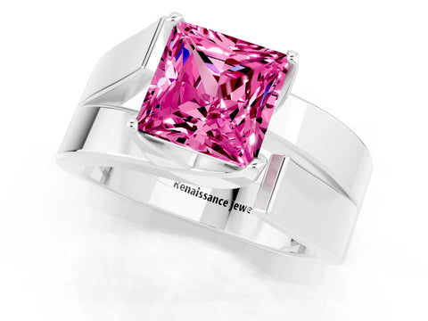 White gold Modern Tension Set Princess Cut Pink Sapphire Solitaire Wide Band Ring_13
