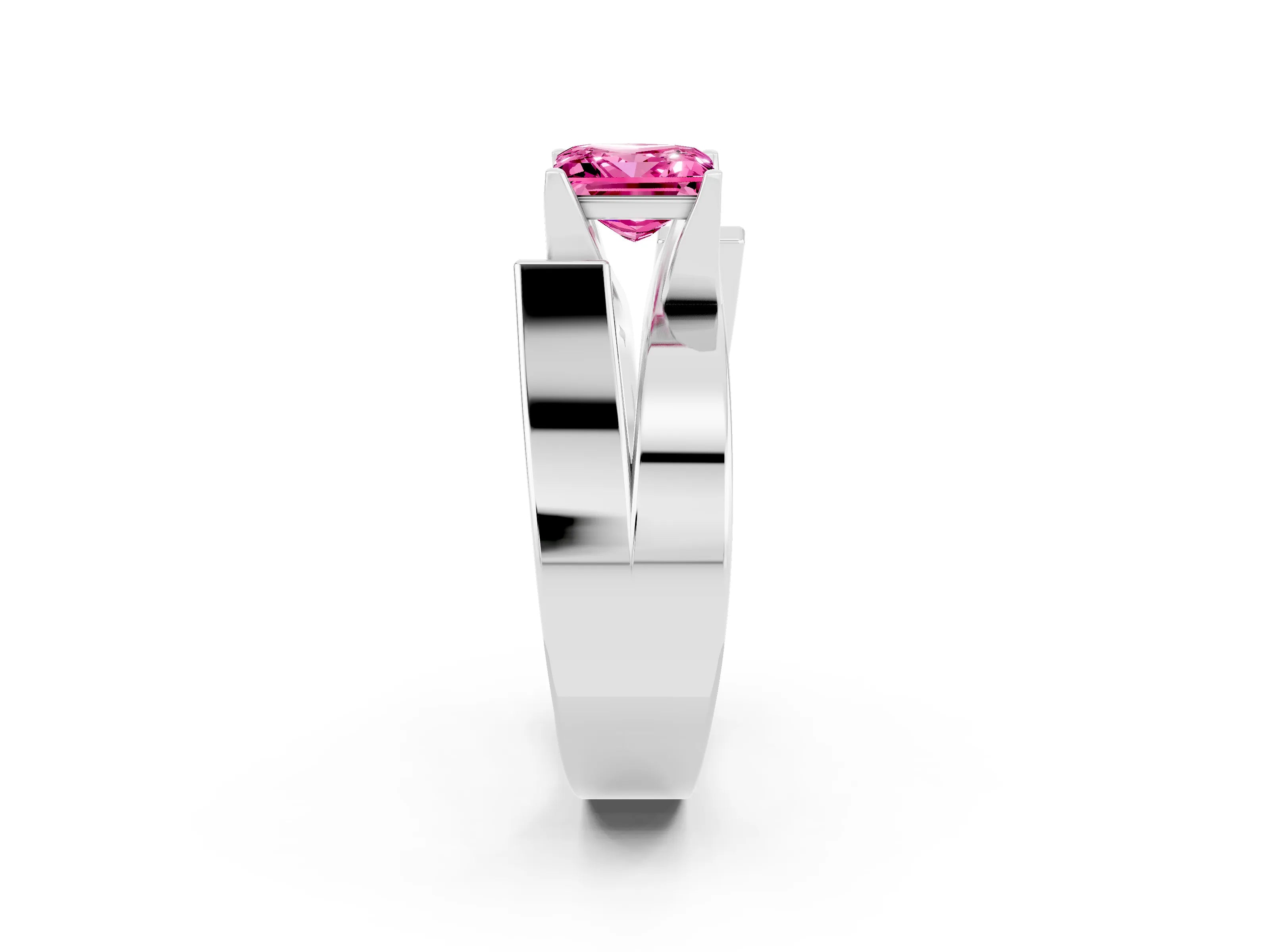 White gold Modern Tension Set Princess Cut Pink Sapphire Solitaire Wide Band Ring_14