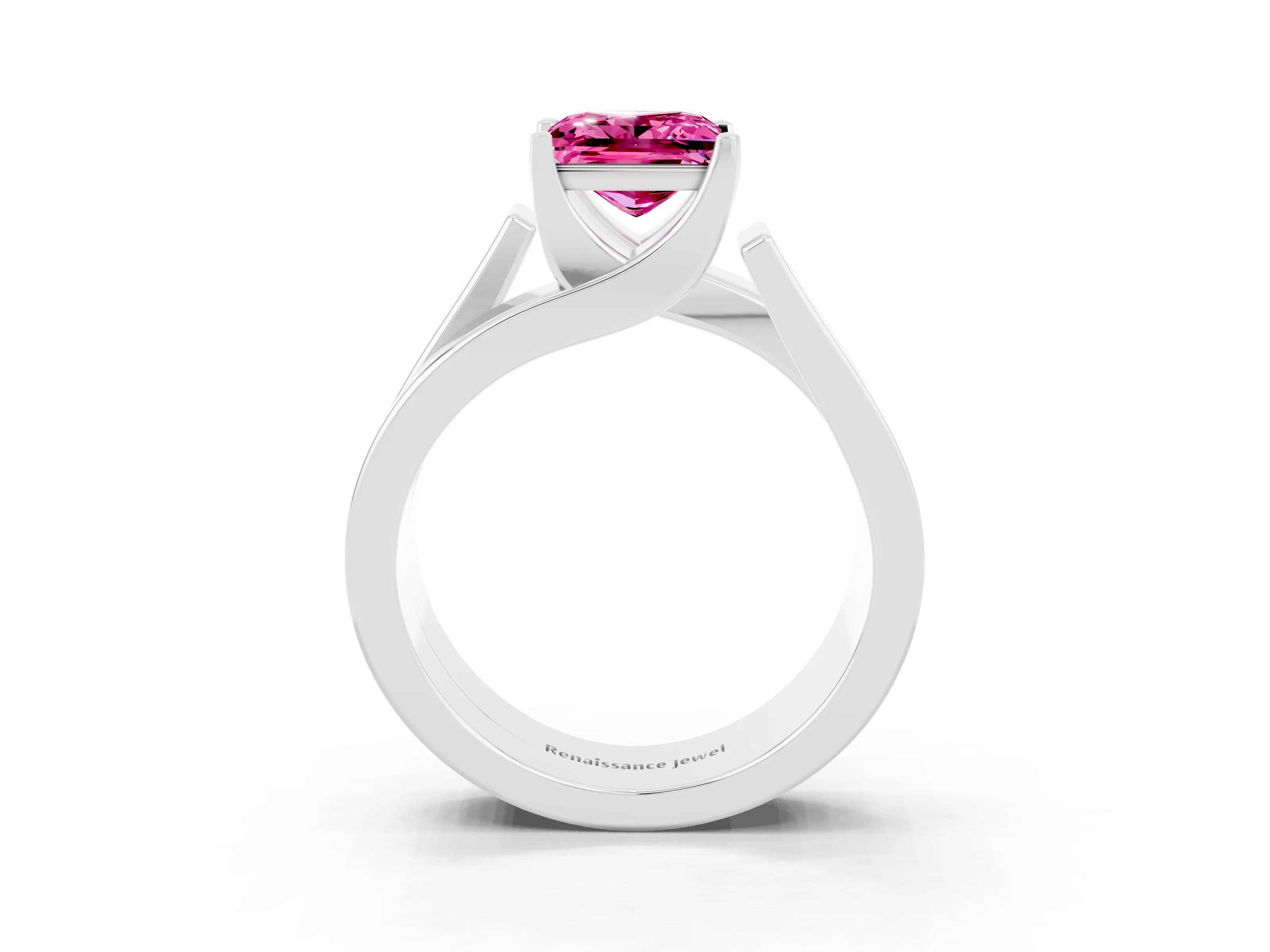 White gold Modern Tension Set Princess Cut Pink Sapphire Solitaire Wide Band Ring_15