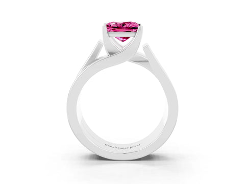 White gold Modern Tension Set Princess Cut Pink Sapphire Solitaire Wide Band Ring_15