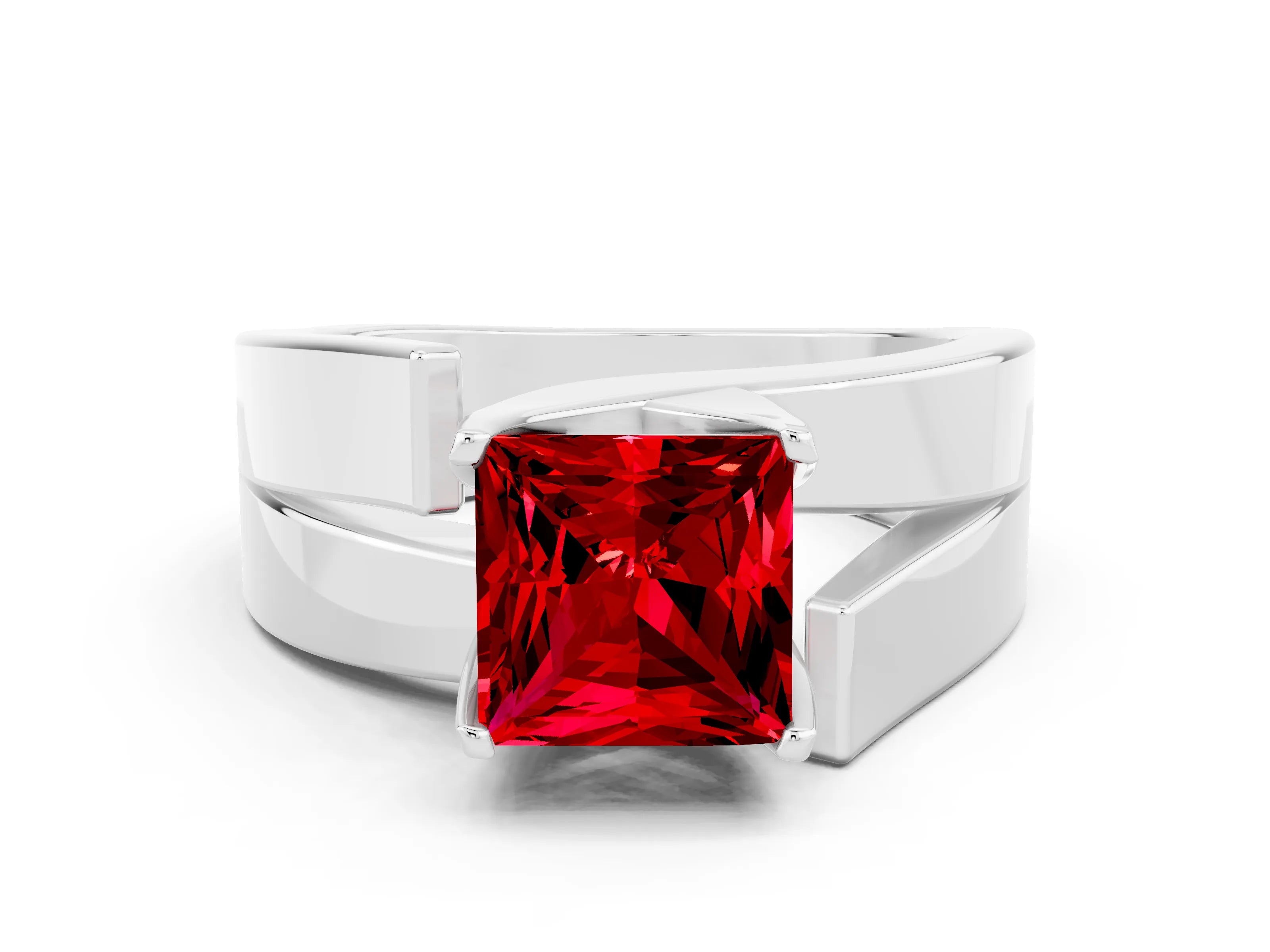 White gold Modern Tension Set Princess Cut Ruby Solitaire Wide Band Ring