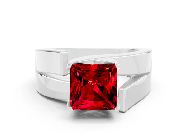 White gold Modern Tension Set Princess Cut Ruby Solitaire Wide Band Ring