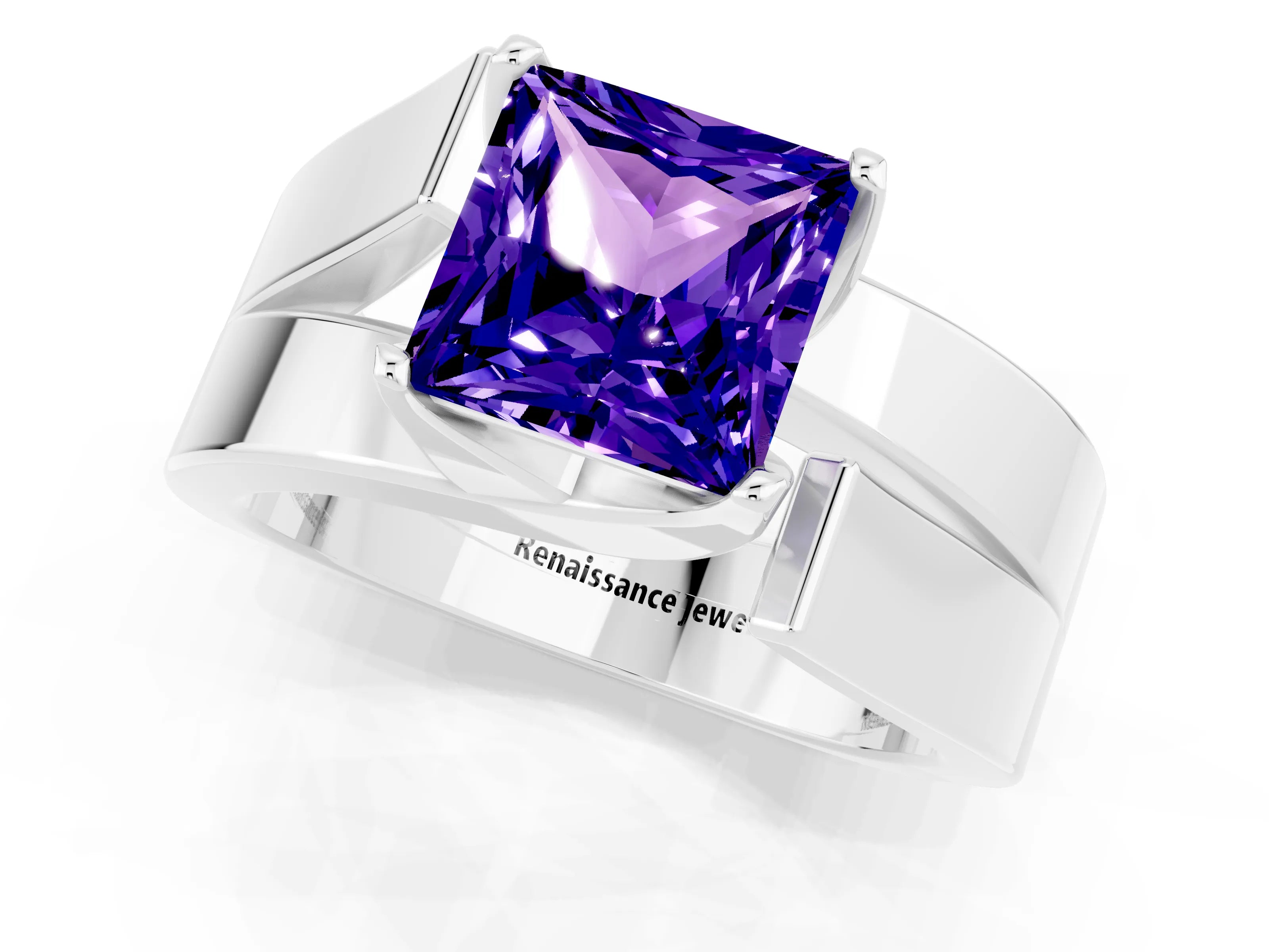 White gold Modern Tension Set Princess Cut Tanzanite Solitaire Wide Band Ring_1