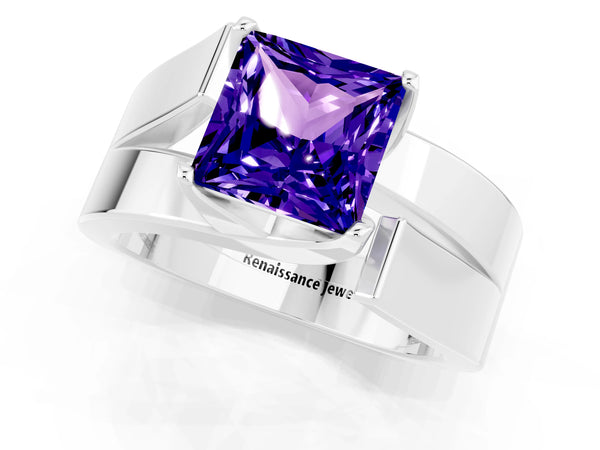 Silver Modern Tension Set Princess Cut Tanzanite Solitaire Wide Band Ring