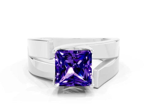 White gold Modern Tension Set Princess Cut Tanzanite Solitaire Wide Band Ring