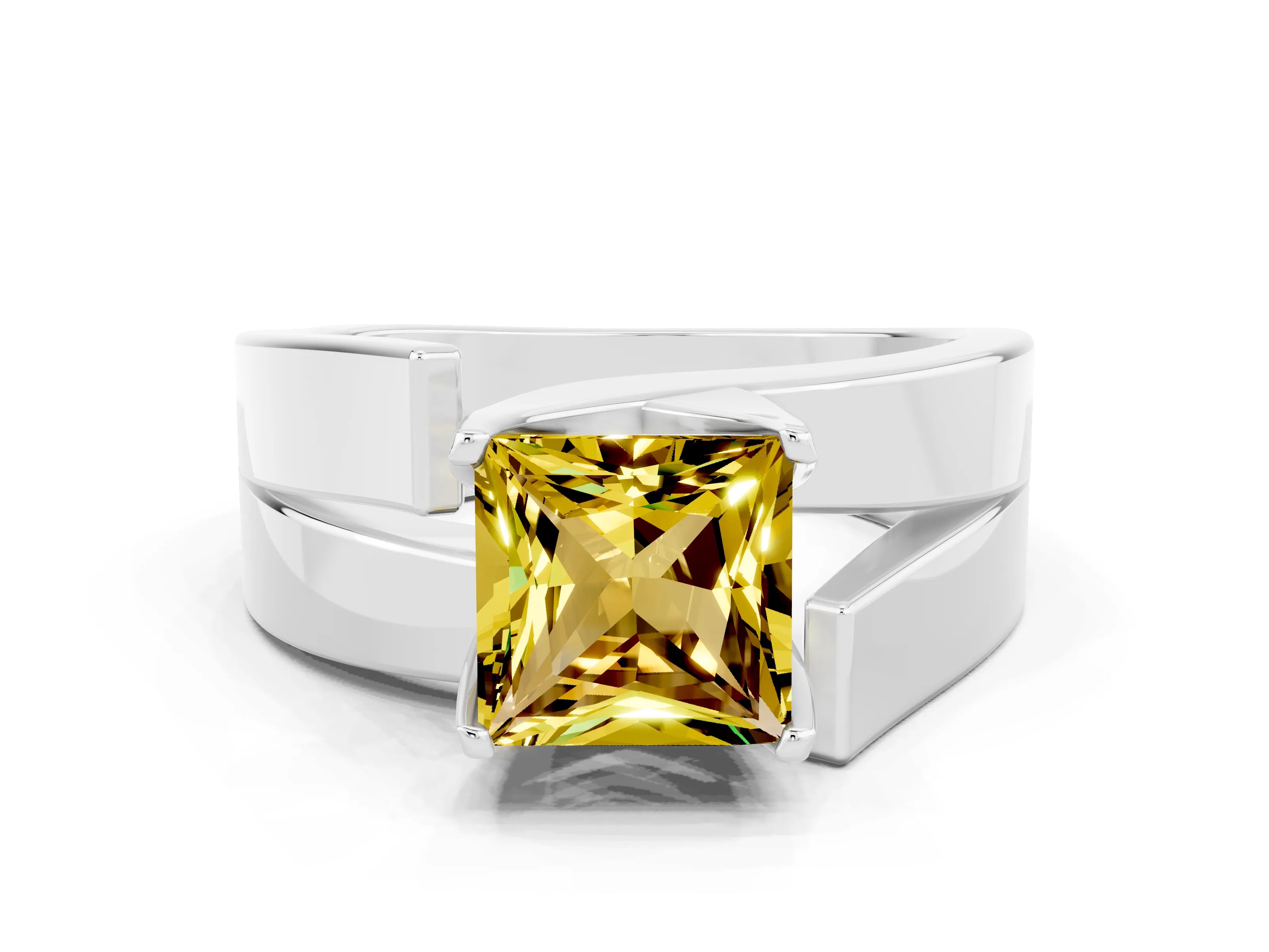 White gold Modern Tension Set Princess Cut Yellow Sapphire Solitaire Wide Band Ring_12
