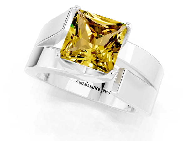 White gold Modern Tension Set Princess Cut Yellow Sapphire Solitaire Wide Band Ring