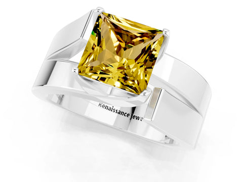 White gold Modern Tension Set Princess Cut Yellow Sapphire Solitaire Wide Band Ring_13