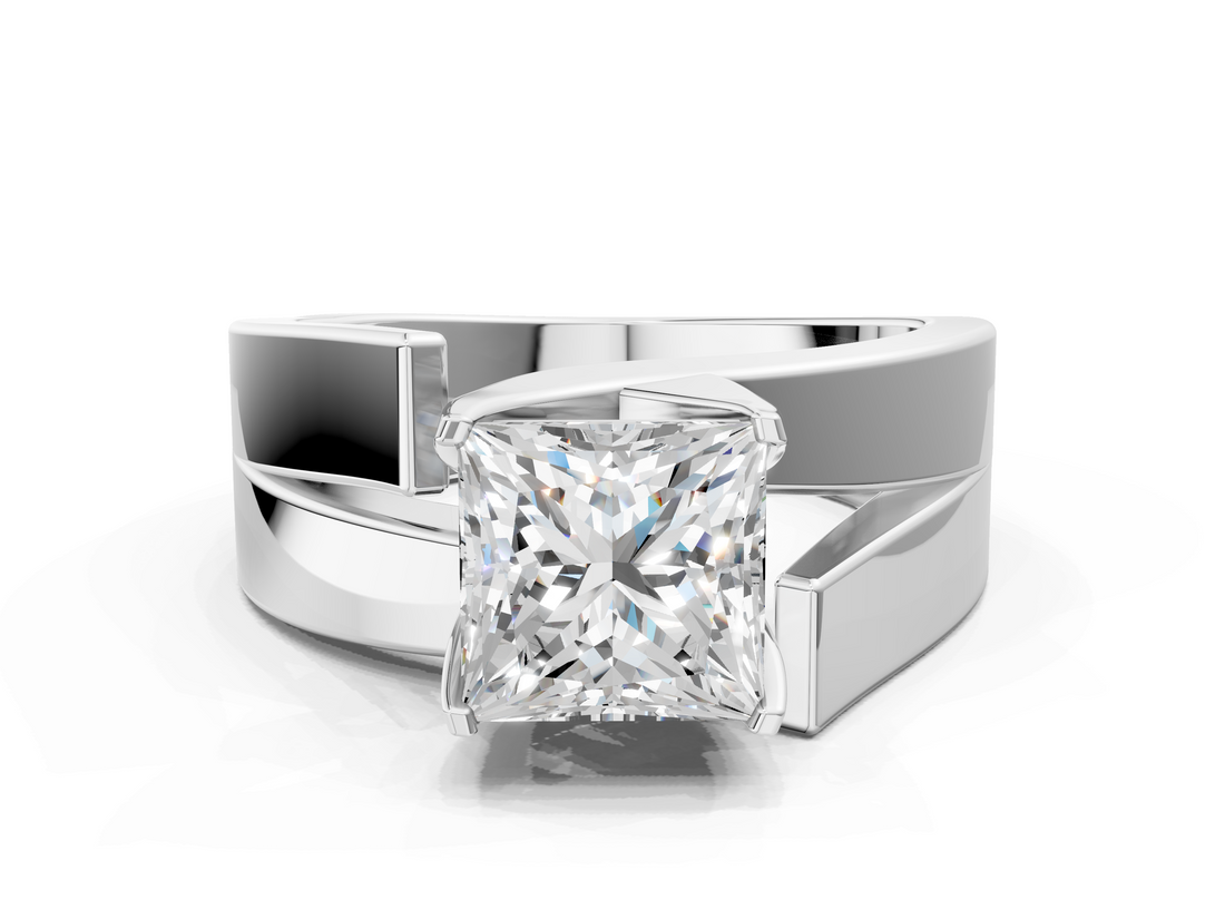 White gold Modern Tension Set Princess Solitaire Wide Band Ring_145