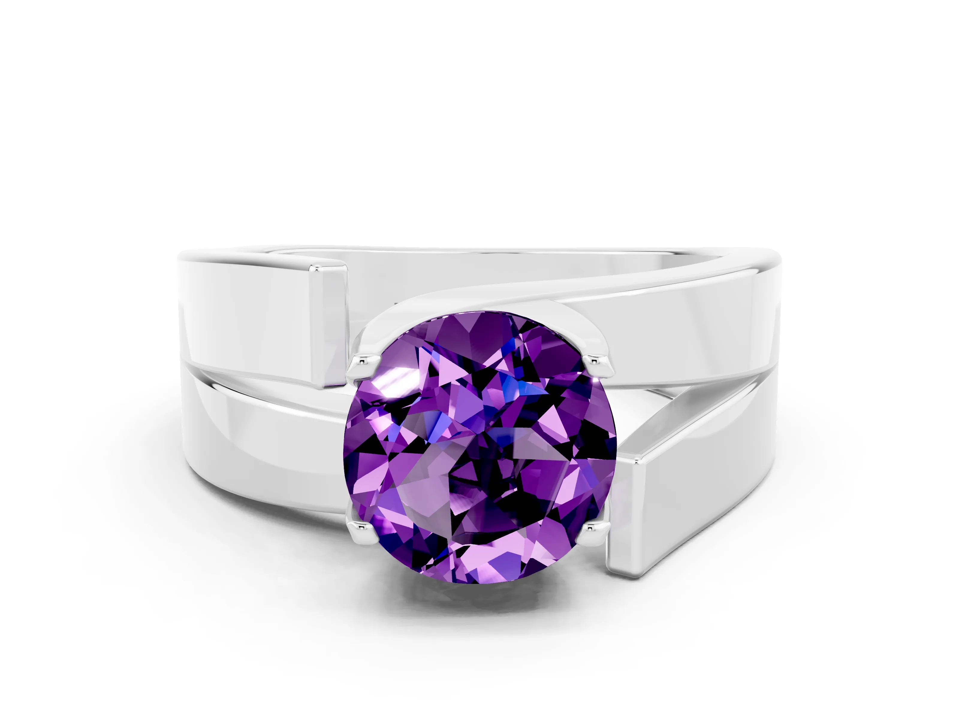 White gold Modern Tension Set Round Cut Amethyst Solitaire Wide Band Ring