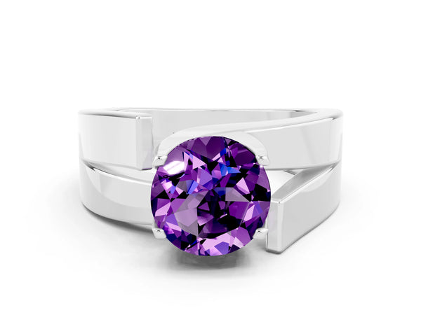 Platinum Modern Tension Set Round Cut Amethyst Solitaire Wide Band Ring