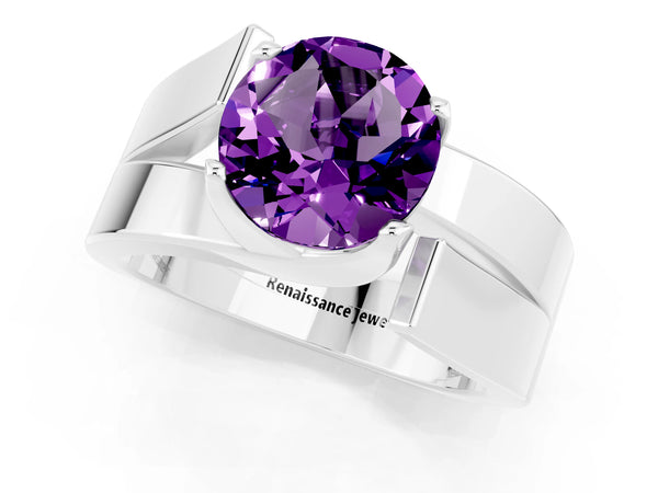 Platinum Modern Tension Set Round Cut Amethyst Solitaire Wide Band Ring