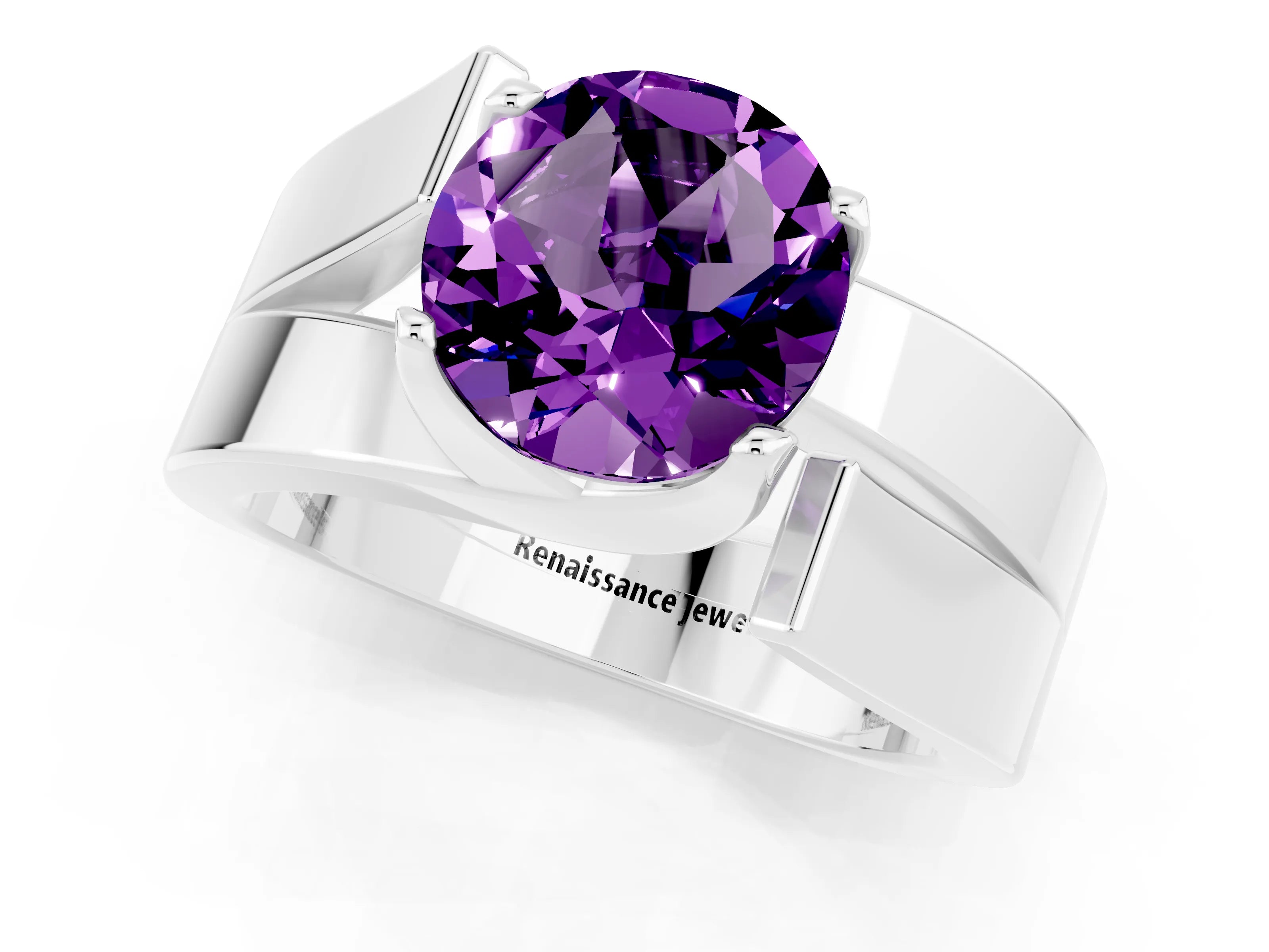 White gold Modern Tension Set Round Cut Amethyst Solitaire Wide Band Ring_1