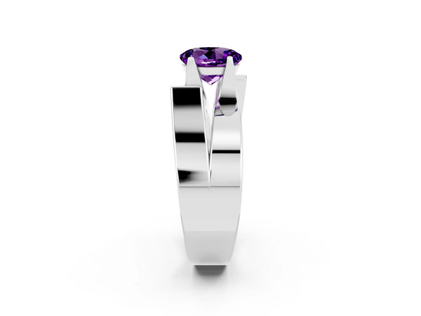 Platinum Modern Tension Set Round Cut Amethyst Solitaire Wide Band Ring