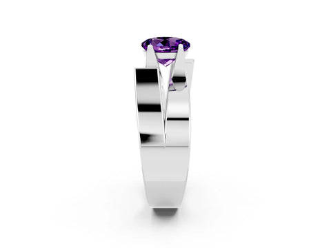 White gold Modern Tension Set Round Cut Amethyst Solitaire Wide Band Ring_2