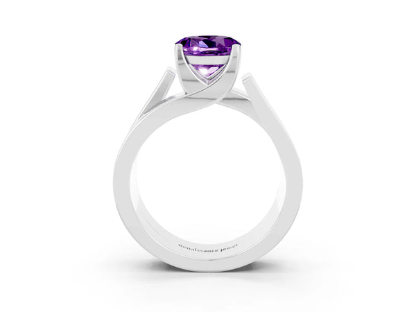 Platinum Modern Tension Set Round Cut Amethyst Solitaire Wide Band Ring