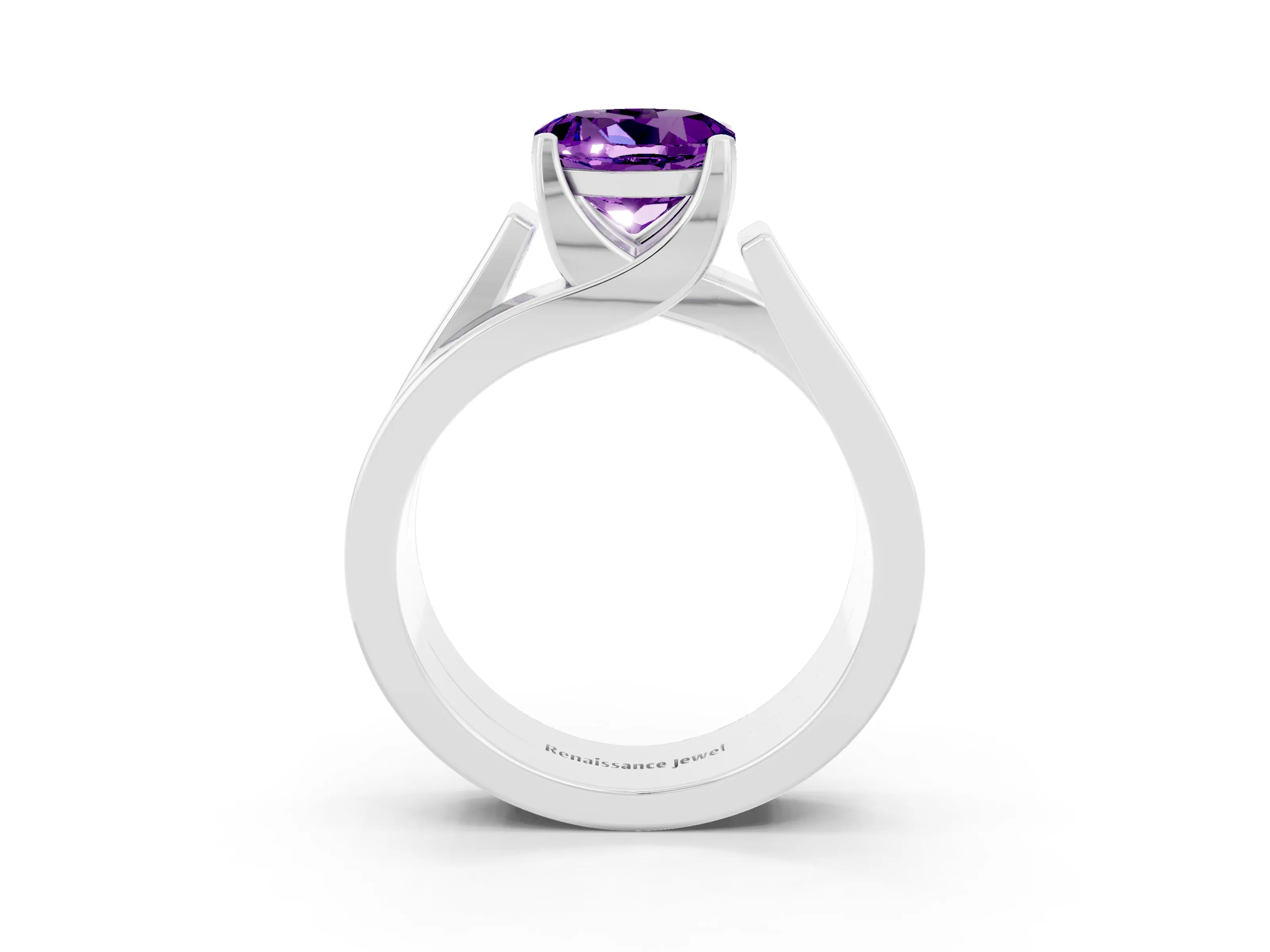 White gold Modern Tension Set Round Cut Amethyst Solitaire Wide Band Ring_3