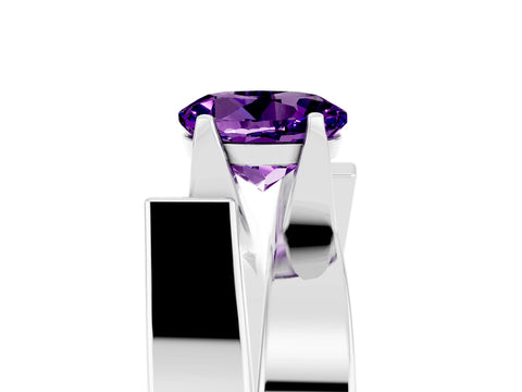 White gold Modern Tension Set Round Cut Amethyst Solitaire Wide Band Ring_5