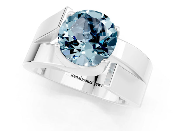 Platinum Modern Tension Set Round Cut Aquamarine Solitaire Wide Band Ring