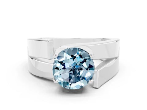 White gold Modern Tension Set Round Cut Aquamarine Solitaire Wide Band Ring