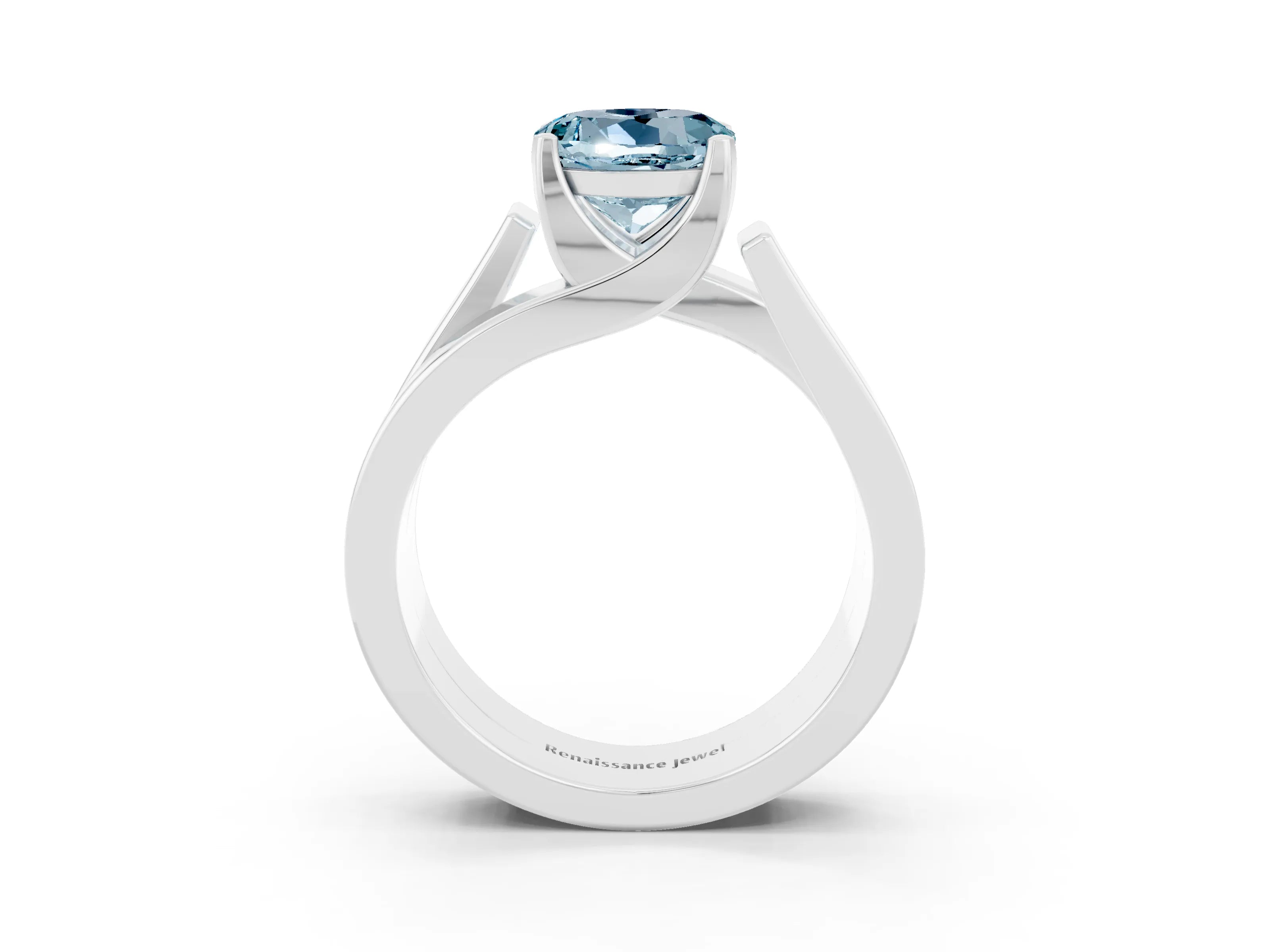 White gold Modern Tension Set Round Cut Aquamarine Solitaire Wide Band Ring_3