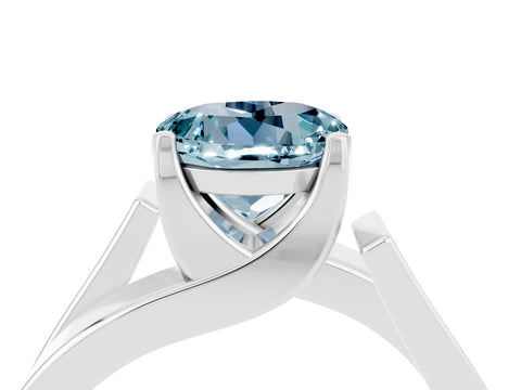 White gold Modern Tension Set Round Cut Aquamarine Solitaire Wide Band Ring_4