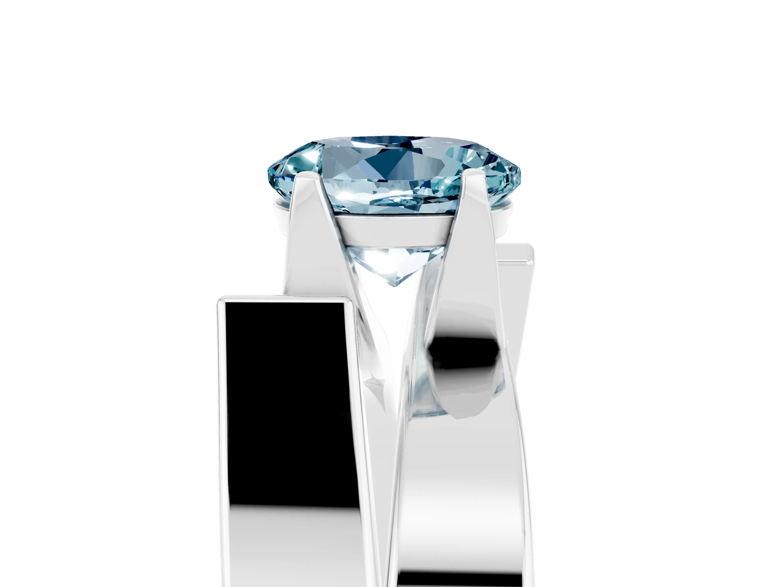 White gold Modern Tension Set Round Cut Aquamarine Solitaire Wide Band Ring_5