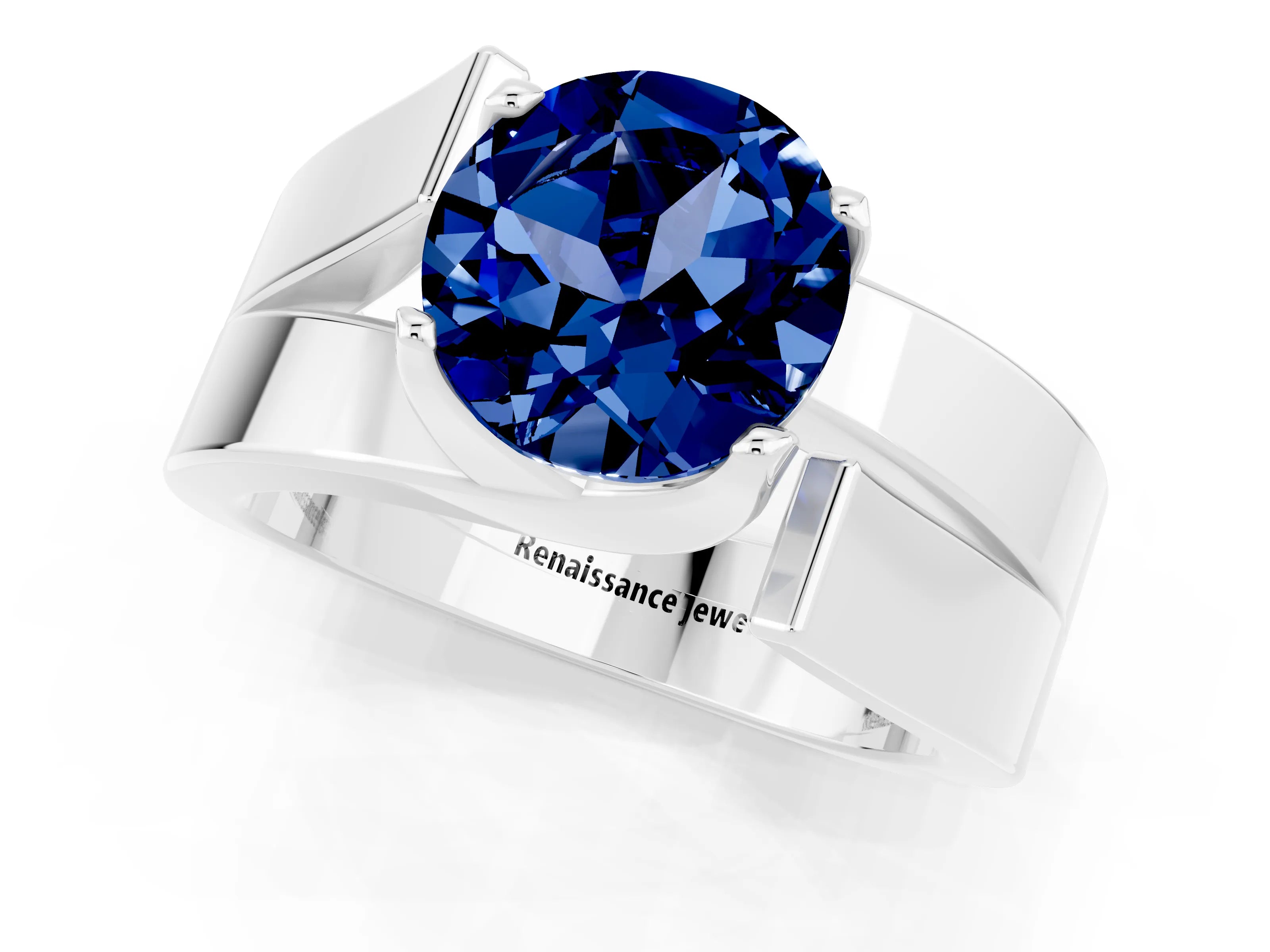 White gold Modern Tension Set Round Cut Blue Sapphire Solitaire Wide Band Ring_1