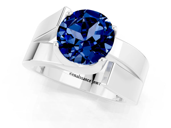 Silver Modern Tension Set Round Cut Blue Sapphire Solitaire Wide Band Ring