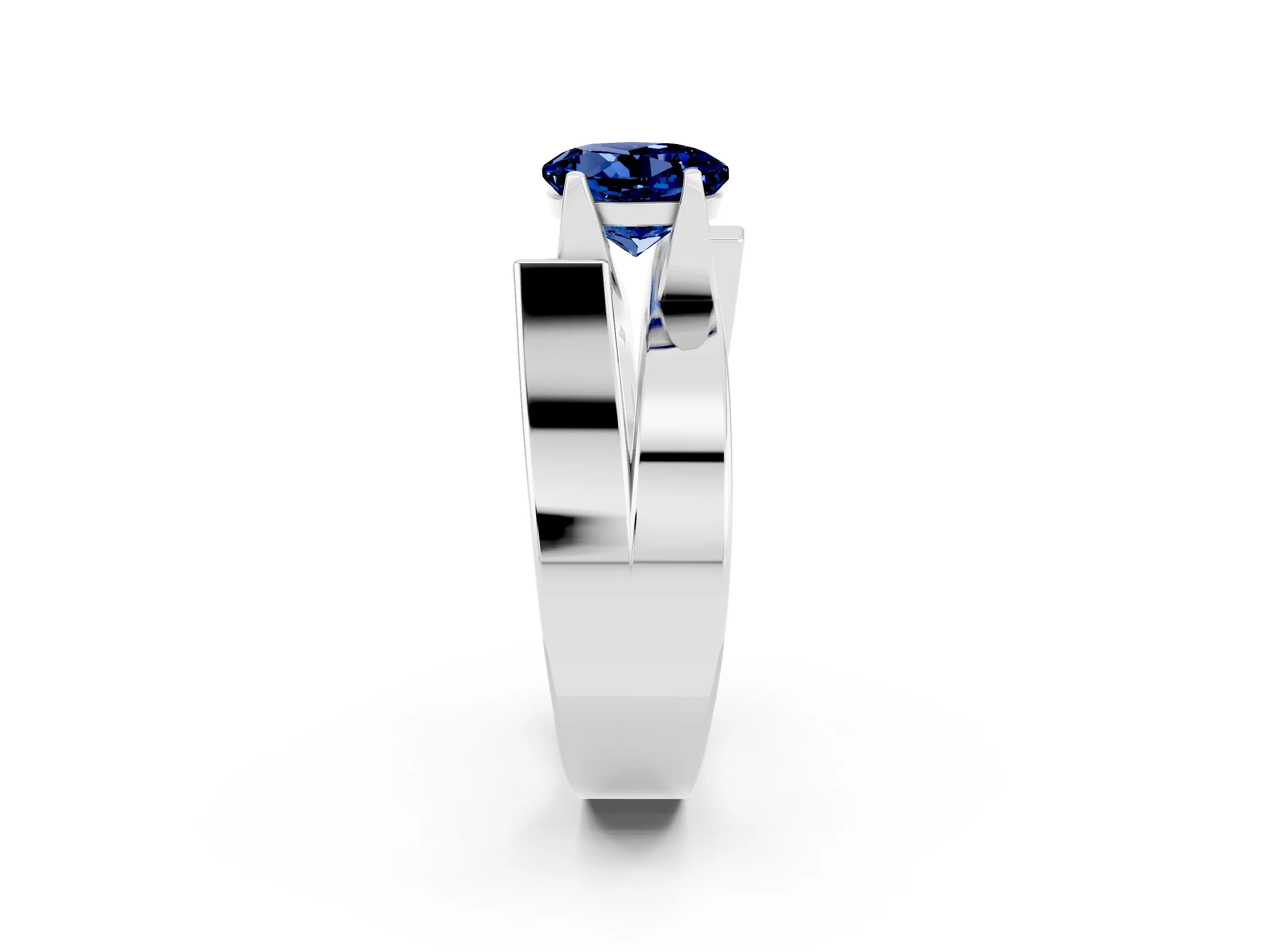 White gold Modern Tension Set Round Cut Blue Sapphire Solitaire Wide Band Ring_2