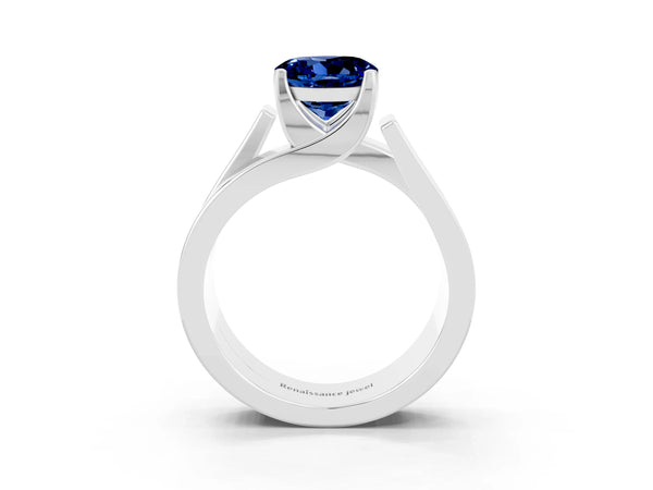Platinum Modern Tension Set Round Cut Blue Sapphire Solitaire Wide Band Ring