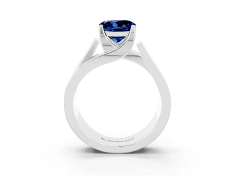 White gold Modern Tension Set Round Cut Blue Sapphire Solitaire Wide Band Ring_3