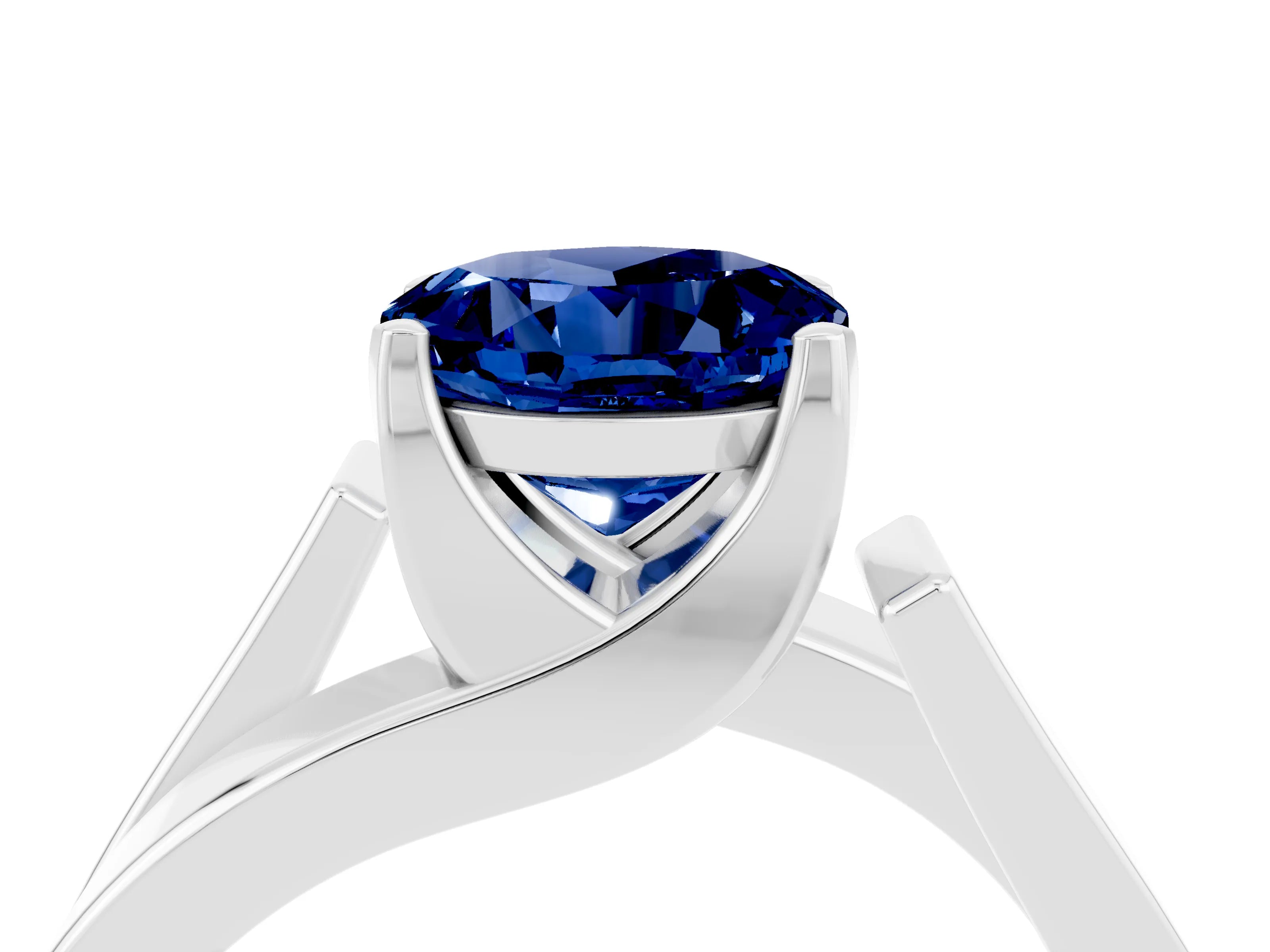 White gold Modern Tension Set Round Cut Blue Sapphire Solitaire Wide Band Ring_4