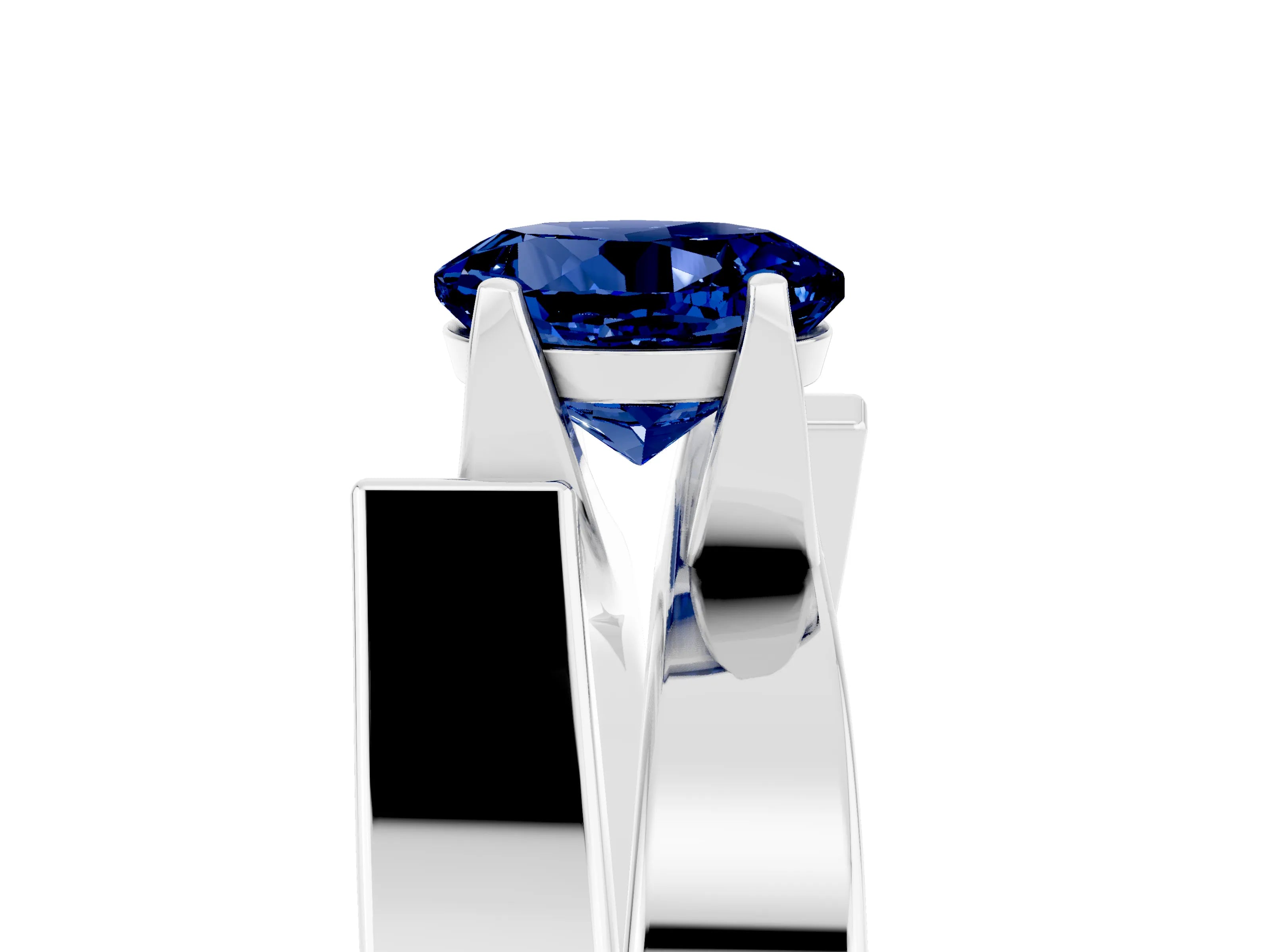 White gold Modern Tension Set Round Cut Blue Sapphire Solitaire Wide Band Ring_5