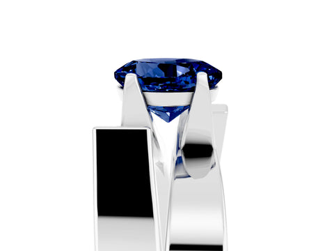 White gold Modern Tension Set Round Cut Blue Sapphire Solitaire Wide Band Ring_5