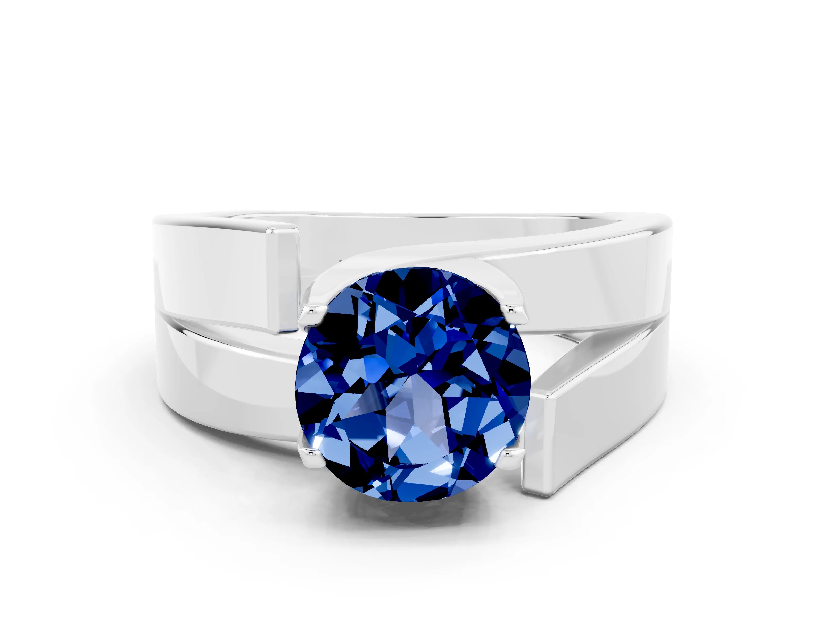 White gold Modern Tension Set Round Cut Blue Sapphire Solitaire Wide Band Ring