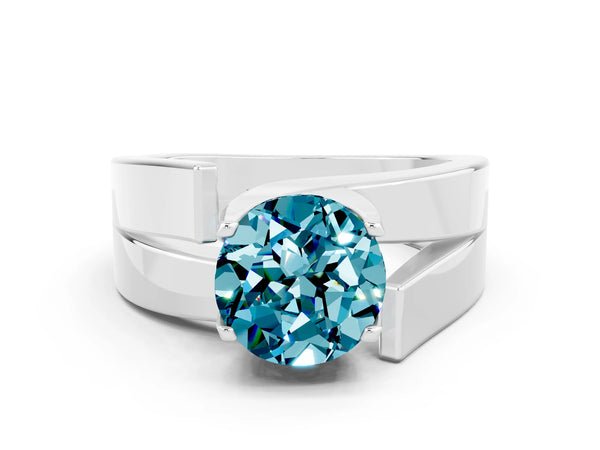 Platinum Modern Tension Set Round Cut Blue Topaz Solitaire Wide Band Ring